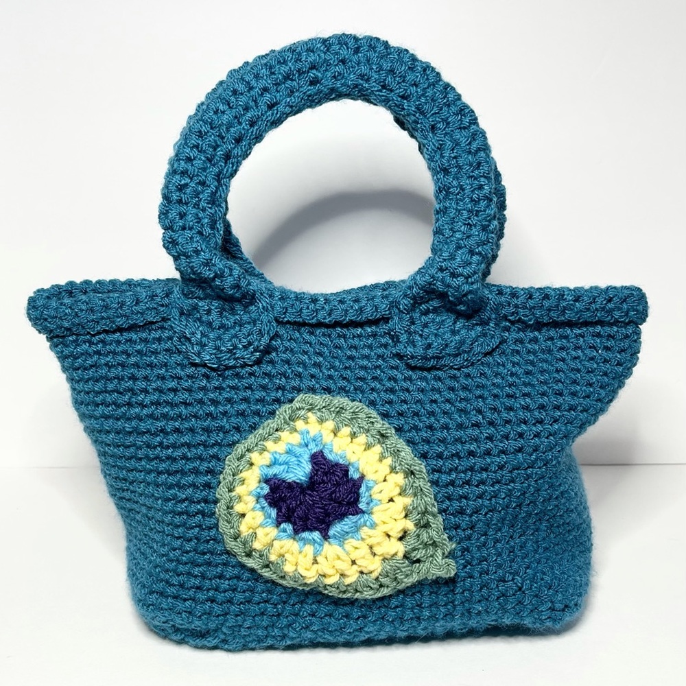 Handmade Crochet Teal Handbag With Peacock Feather Accent Double Handle NWT